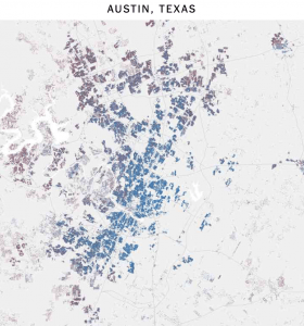 maps of red and blue areas in cities